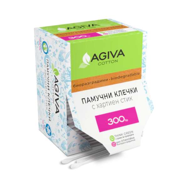Нов-проект-8-15 Клечки за уши Agiva Cotton Биоразградими с хартиен стик 300бр - Image 1